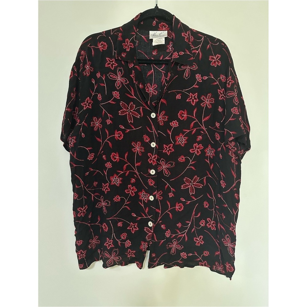 ☀️3/$15☀️ Vintage 90s Kathie Lee Collection Button Down Top XL Black Red Floral